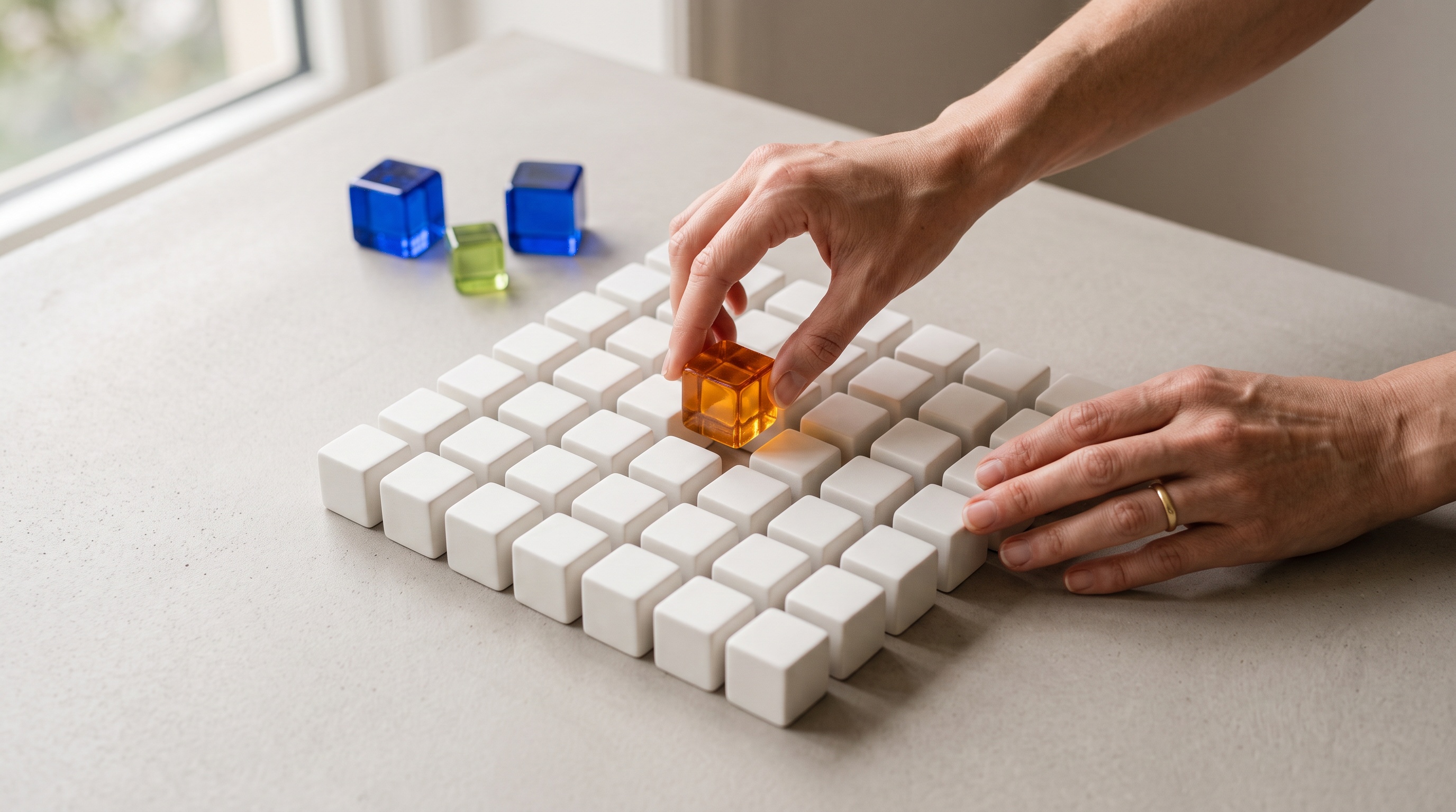 Hands placing an amber glass cube into a grid of white cubes