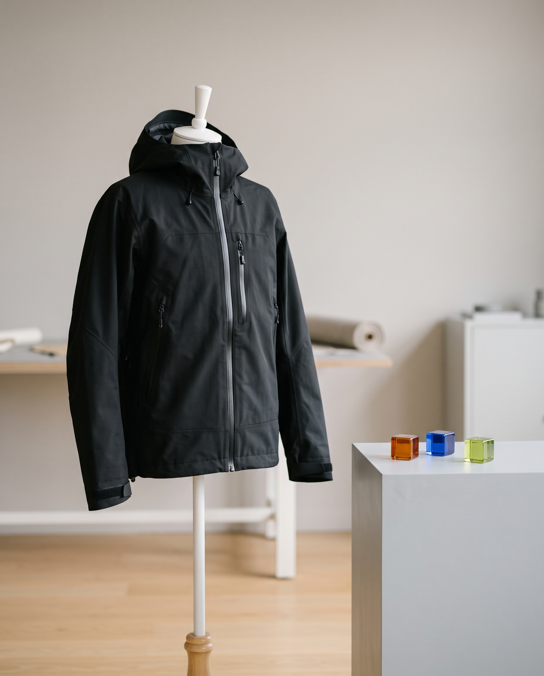 A black technical jacket on a white dress form, with small glass cubes on a plinth beside it