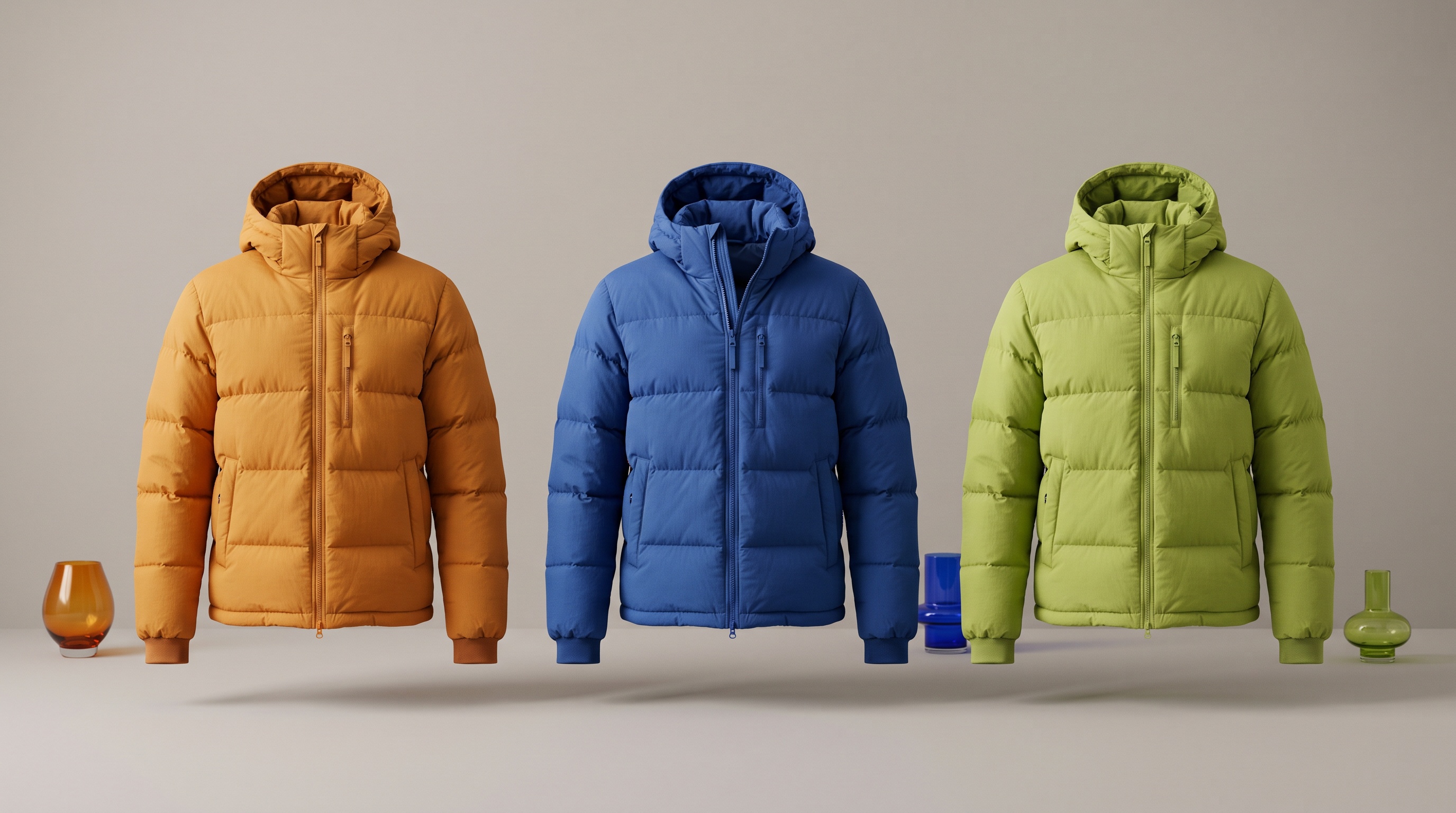 One puffer jacket generated in three colourways: amber, cobalt and lime